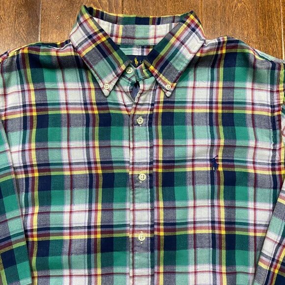Polo Ralph Lauren Casual Button Front Plaid Green Flannel Shirt Men's Size Large - Picture 2 of 9